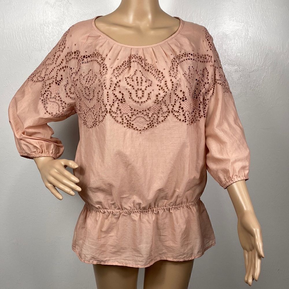 Chico’s Blush Pink Eyelet Embroidery Cotton Elastic Waist Top Blouse Size S